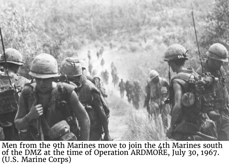 Men from the 9th Marines move to join the 4th Marines south of the DMZ at the time of Operation ARDMORE, July 30, 1967. (U.S. Marine Corps)